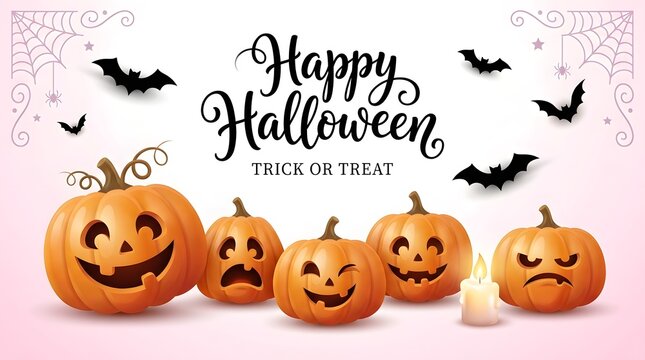 Happy Halloween background with carved pumpkins and bats