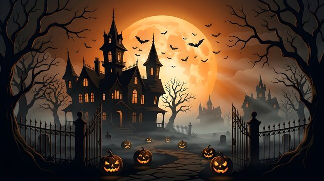 Spooky Halloween background with haunted house and full moon