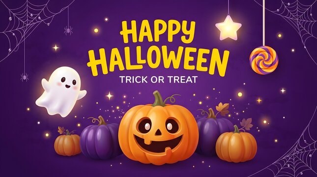 Happy Halloween greeting banner with cute ghost and pumpkins