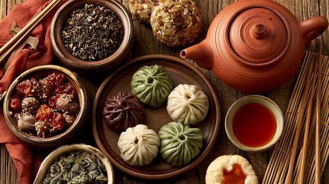 Wooden tray with spices, herbs, and condiments in bowls