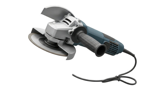 Angle grinder tool with cutting disc for construction and renovation tasks isolated on transparent background
