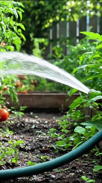Watering fresh tomato plants in a vegetable garden with a green garden hose during a sunny summer day tomatoes vegetables irrigation nature agriculture