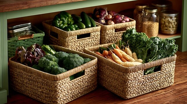 Woven basket with fresh green leafy vegetables on wooden table