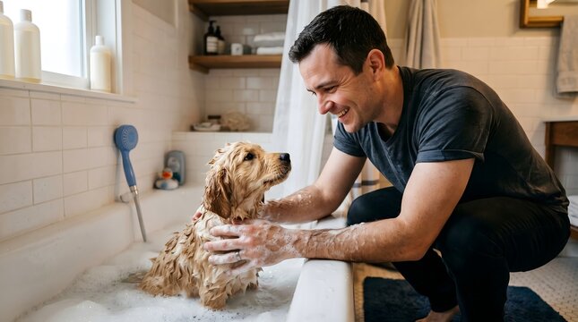 Young man bathing his golden retriever dog in the bathtub with grooming retriever bathroom cleaning friendship domestic together