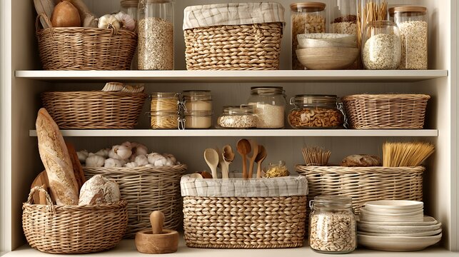 Woven baskets with wooden spoons, linen napkins, and kitchen utensils on shelves