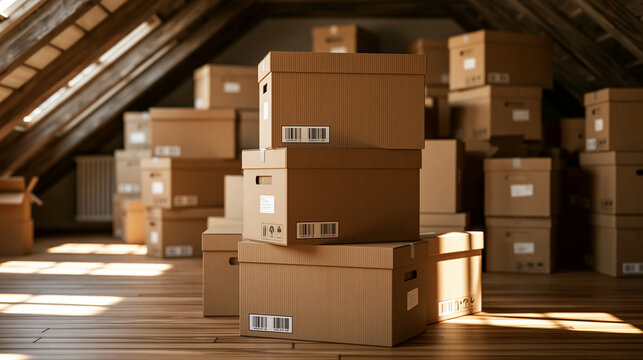 Cardboard boxes stacked in a dusty attic under warm sunlight. Ideal for moving home, storage, or logistics business.