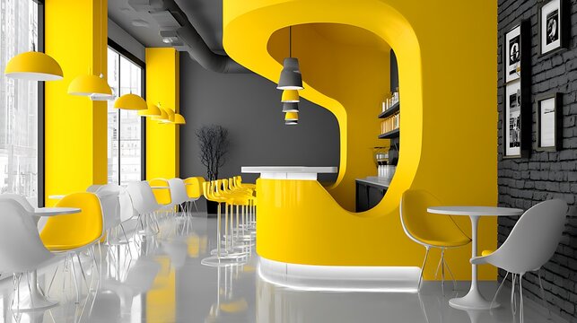 Yellow geometric chair and table in minimalist interior setting