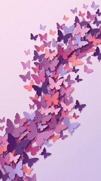 Purple pink and violet paper butterfly art swirling upwards against a soft light purple wall background with art project, butterfly