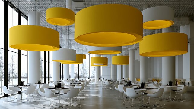 Yellow pendant lights illuminating a minimalist modern caf? interior