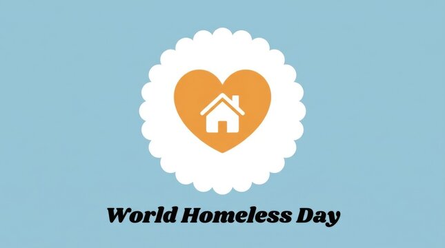 An orange heart shaped pictogram with a house inside is set against a white scalloped edge shape on a light blue background