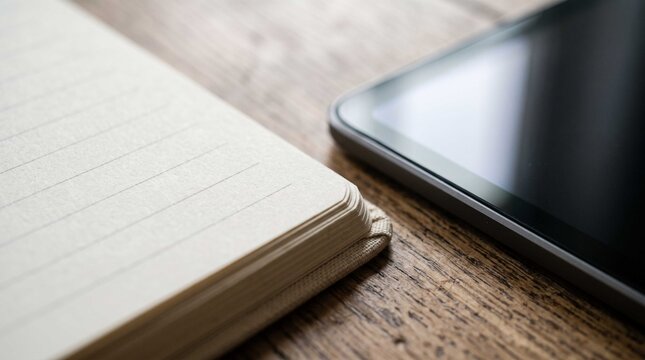 Open notebook page beside modern digital tablet screen on rustic wooden desk symbolizing hybrid work and learning
