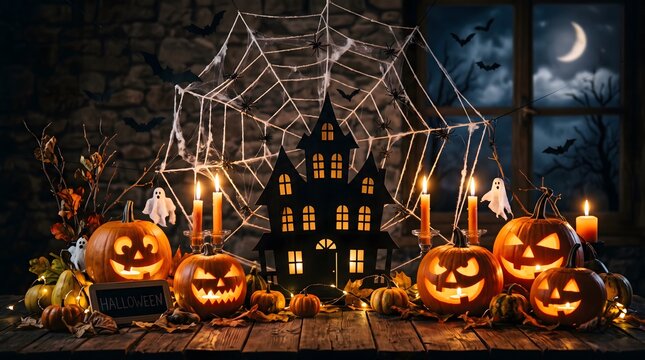 A spooky helloween scene featuring glowing jack o lanterns and a dark haunted house silhouette set against a moonlit night sky background