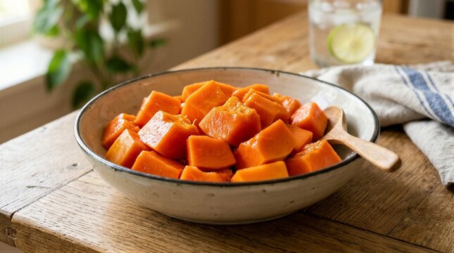 Sweet potato cubed and served in ceramic bowl on kitchen table