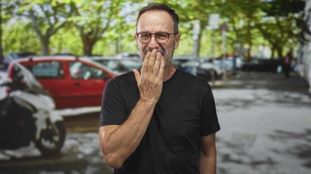 Man covers mouth with hand while smiling in a leafy street parking area with parked cars; shy amusement.