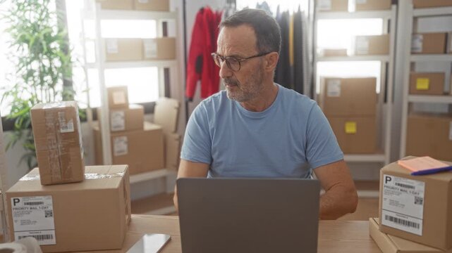 Man placing cardboard box with hands at packing table in studio among shelves of parcels clothes and plant while using laptop; focused efficiency.