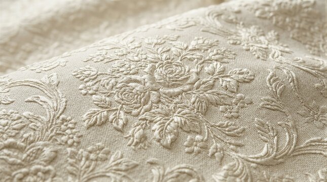 Embroidered floral textile detail on cream fabric surface