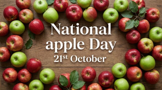 A collection of red and green apples arranged around text celebrating national apple day on a wooden surface fruit orchard harvest autumn
