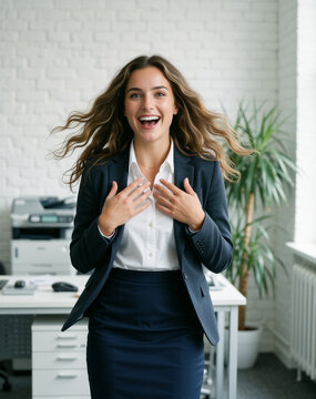 Confident adolescent woman in office gasps with delight, hands flying to heart, exuding enthusiasm and joy in a professional setting.