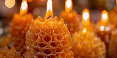 Fototapeta premium Traditional candle wax artistry during a festive procession honoring Buddha