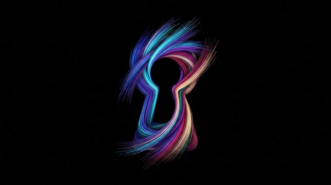 Abstract swirling keyhole symbol with neon iridescent light trails, abstract