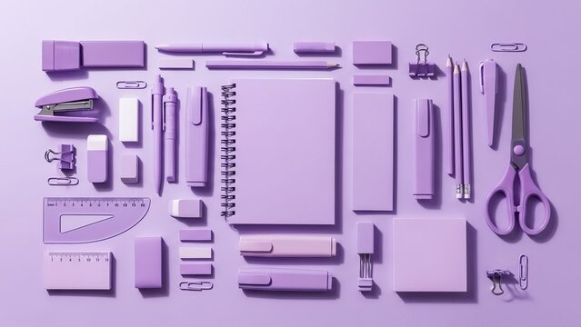 Purple stationery and school supplies arranged around a blank notebook in a modern monochrome flat lay