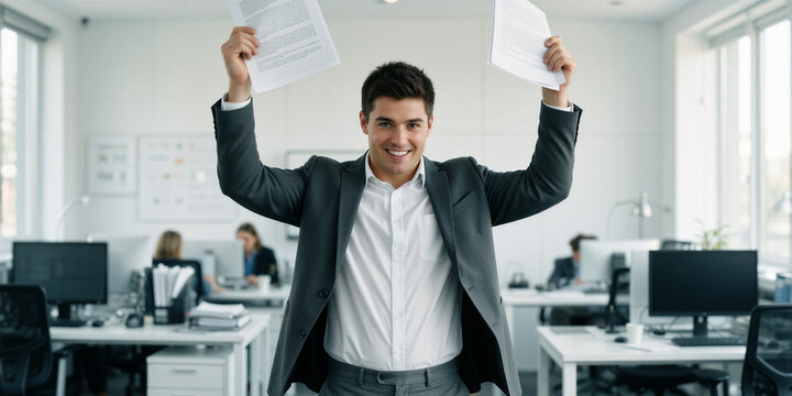 Young man triumphantly holds up a report in a modern office with a fierce grin, exuding confidence and enthusiasm.