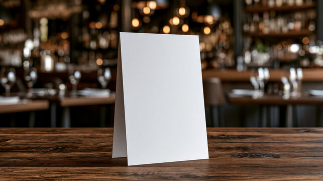 Blank white paper table tent on wooden table in restaurant. Ideal for menu design and promotional advertising display.