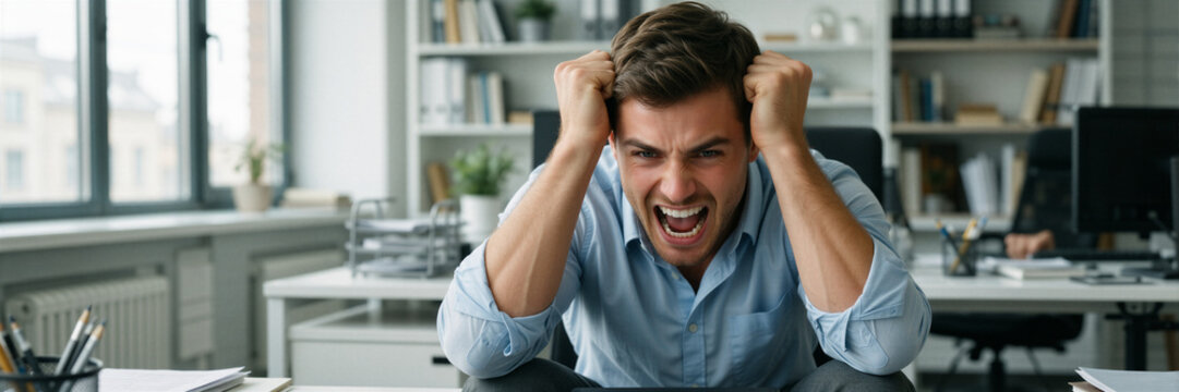 A stressed young businessman screams in frustration at his cluttered desk in a modern office with minimalistic decor and bright lighting.