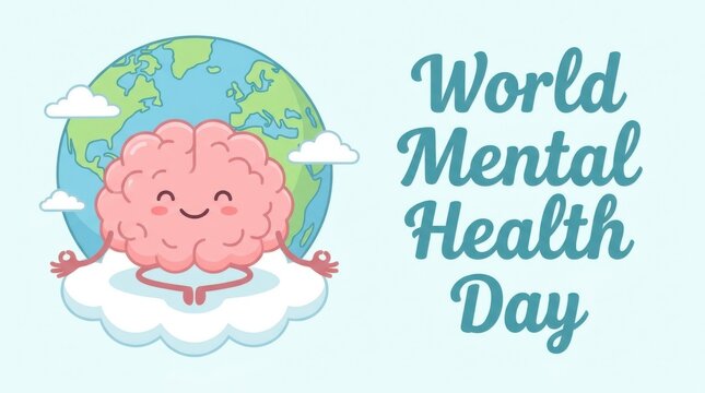 A stylized human brain illustration rests peacefully on a cloud with a globe backdrop promoting world mental health day cerebrum neuroscience anatomy