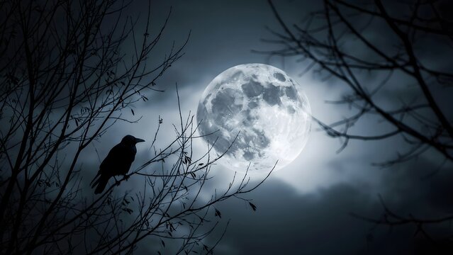 Black crow perched on a tree branch against a glowing full moon in a dark night sky.