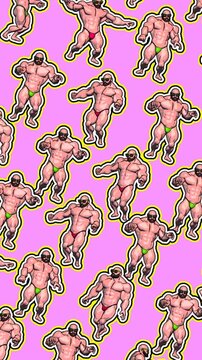 Seamless funny vertical video of sketch bodybuilders dancing on a pink background.Zine culture comic video loop. summer cartoon concept backdrop.