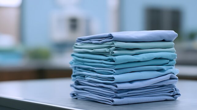 A stack of folded blue hospital linens rests on a clean clinical surface. Medical hygiene and laundry service concept.