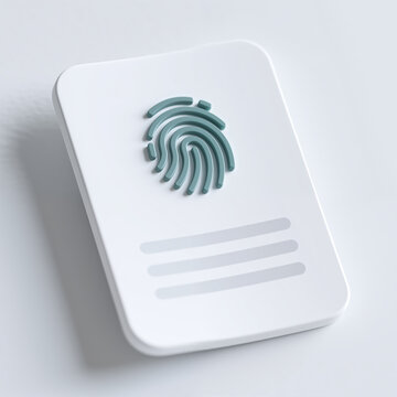 A minimalist white card features a prominent teal fingerprint symbol, representing identity and security, on a clean white background with subtle shadows.