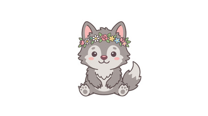 Fototapeta premium Cute cartoon wolf cub wearing a flower crown sitting peacefully on a white background