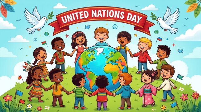 A diverse group of children encircles a globe illustration celebrating united nations day with doves and flags vector diversity international peace unity