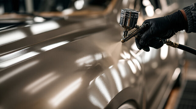 Professional painter spraying paint on a car fender in an auto shop. Automotive repair and vehicle detailing concept.