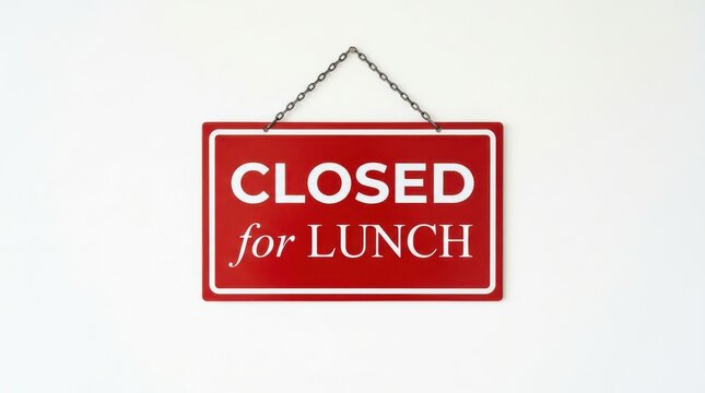 A rectangular red sign with white lettering indicates a business is closed for lunch hanging against a white wall closedsign lunchbreak restaurantnotice