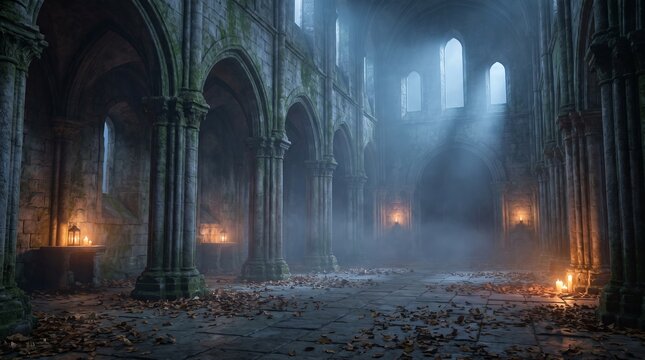 Gothic cathedral interior with light rays, ancient stone ruins in misty atmosphere, dark medieval hall with candles