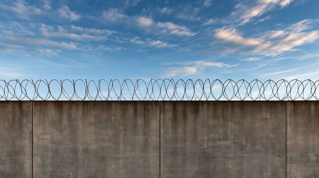 Barbed wire atop a tall concrete wall against a blue sky. Symbolizing restriction, border security, or prison themes.