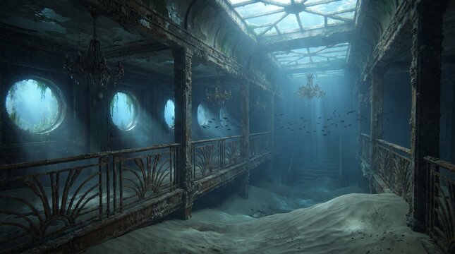 Sunken shipwreck interior with portholes and sand, underwater ruins of a luxury cruise ship, eerie deep sea ocean floor scene