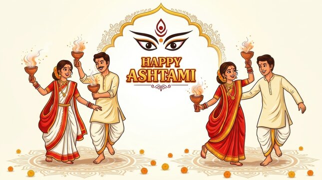 Four people in traditional indian clothing celebrate ashtami with ornate lamps and a stylized eye motif celebration festival culture tradition couple family
