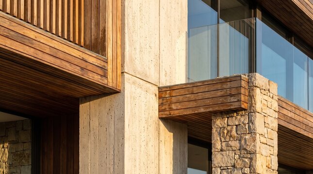 Modern luxury house exterior with wood paneling and stone walls. Contemporary architectural facade featuring glass balcony and timber textures.