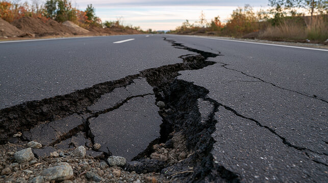 A deep crack in asphalt road surface caused by earthquake damage. Concept of infrastructure failure and natural.