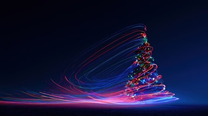 Fototapeta premium Colorful long exposure Christmas tree of swirling light trails on a dark night for festive visuals