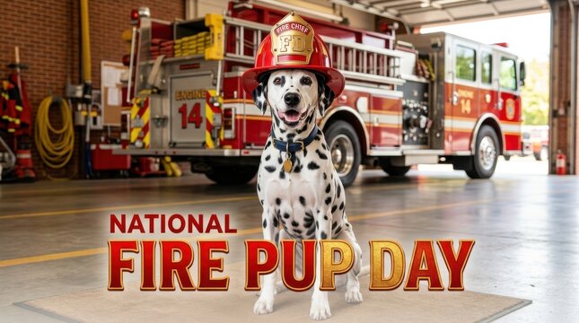 Dalmatian dog wearing a firefighter helmet stands in front of a fire engine at a station puppy canine protective gear rescue emergency services