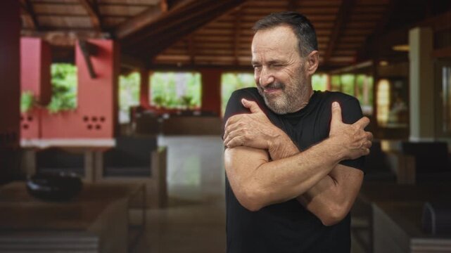 Man hugging his arms in a building lobby, black tshirt and stubble, eyes closed in a self embrace and gentle smile; solace introspection.