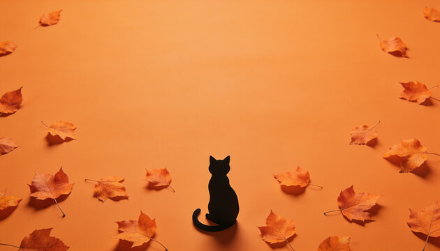 Black cat silhouette autumn background, fall leaves flat lay, minimal orange banner, halloween seasonal copy space layout, top down thanksgiving concept, festive decorative frame template view.