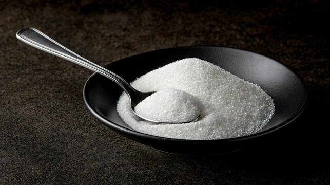 White sugar granules in a black bowl with a spoon. Concept for culinary ingredient and sweet food preparation.