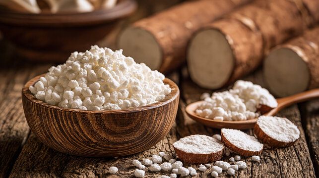 Raw tapioca pearls in a wooden bowl with cassava roots. Perfect for organic ingredient and healthy food advertisement.