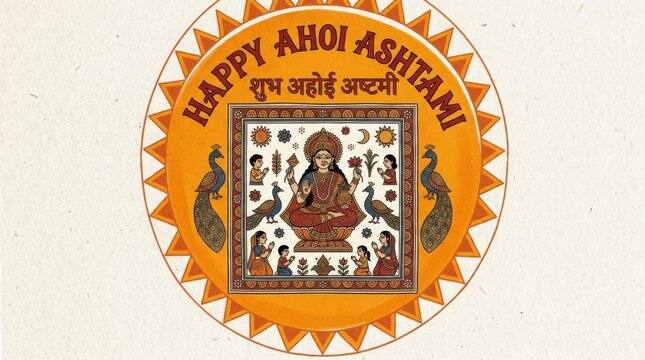 Ornate circular illustration depicts a hindu goddess and festive greetings for ashtami hinduism deity divinity festival celebration greeting ornament vector graphic design traditional